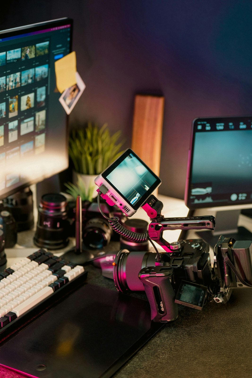 Video-production desk with cameras, lenses, and monitors.