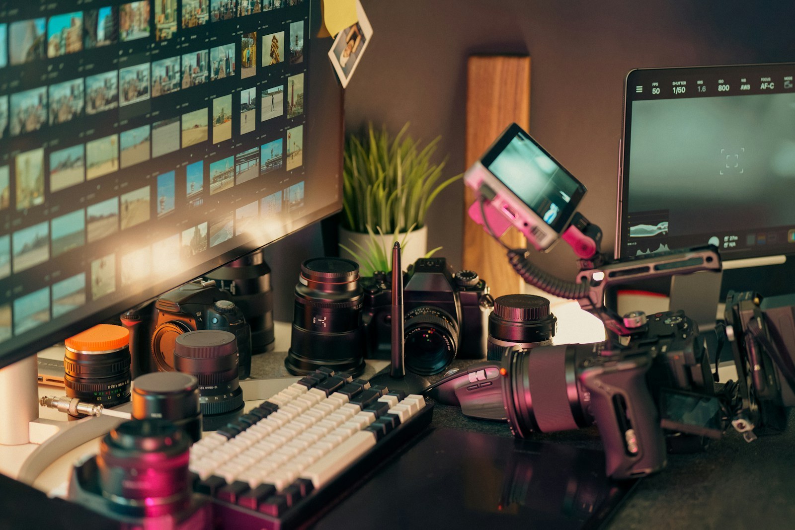 Camera equipment arranged beside a computer screen.