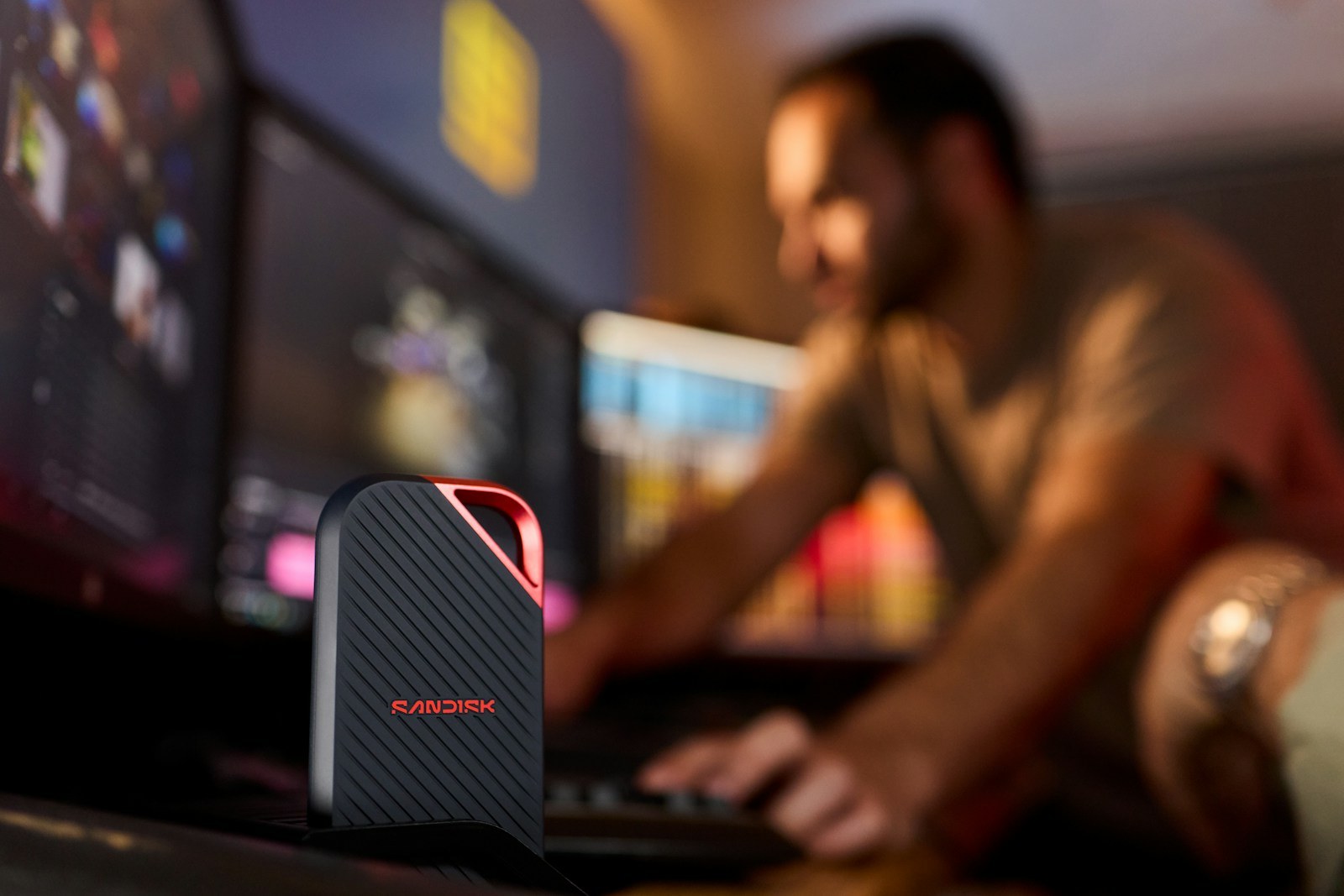 Portable storage drive in a computer workspace.