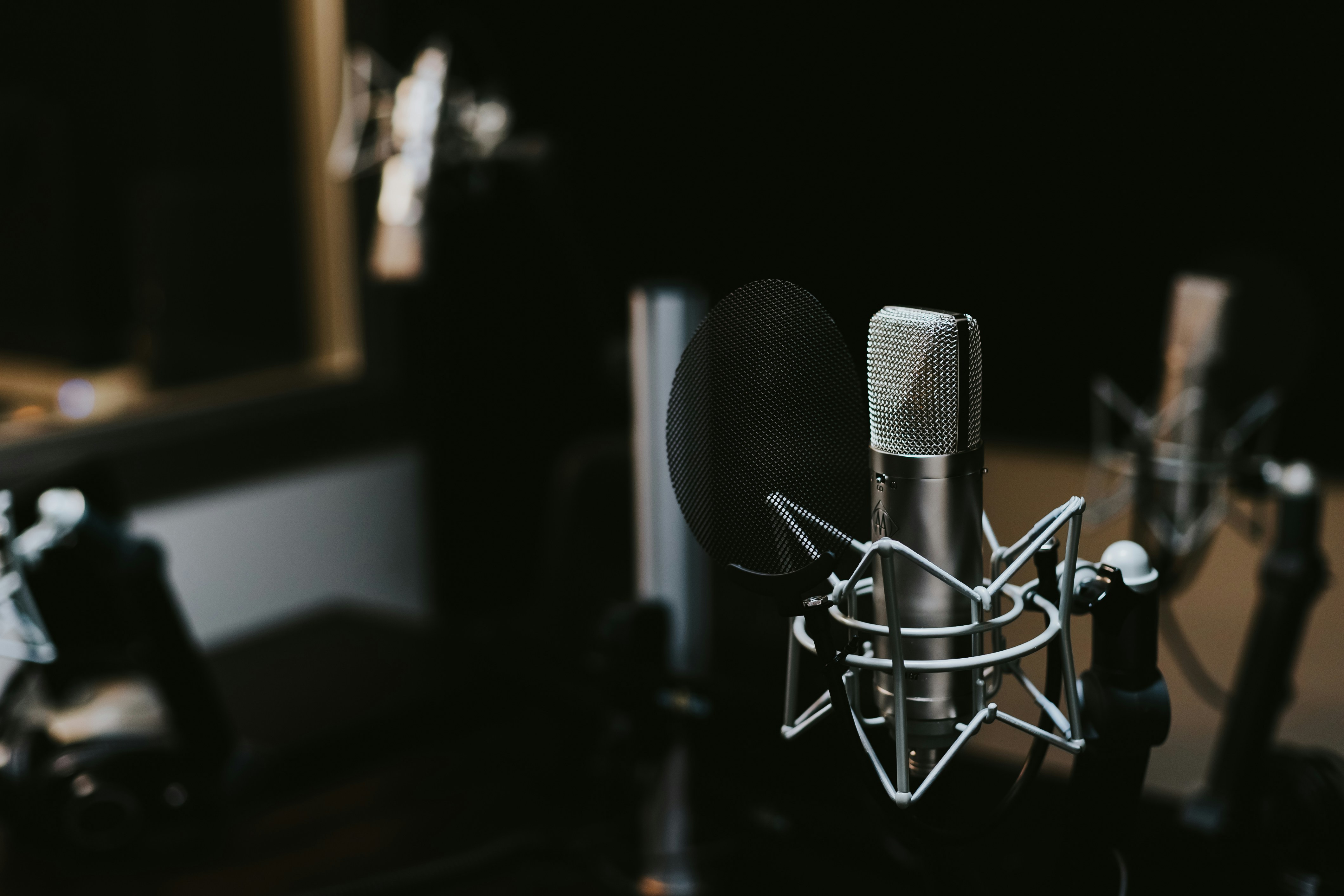 Silver and black studio condenser microphone in close-up.
